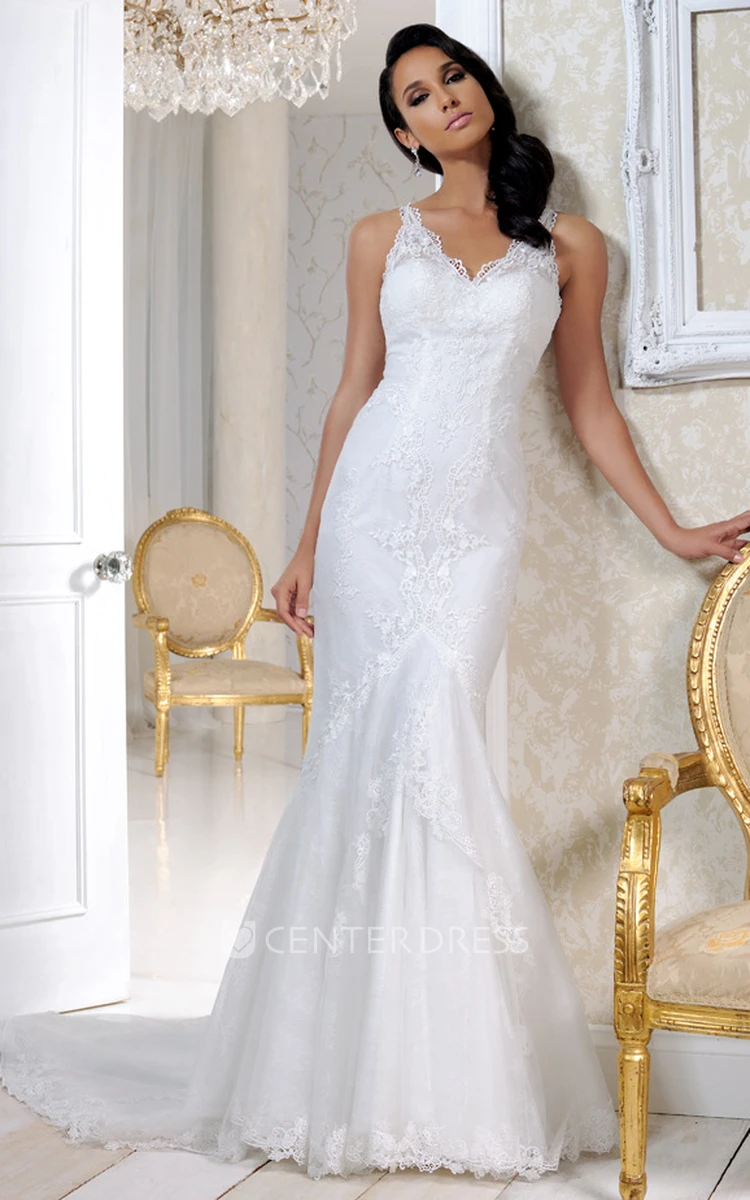 Floor-Length Straps Appliqued Satin&Tulle Wedding Dress