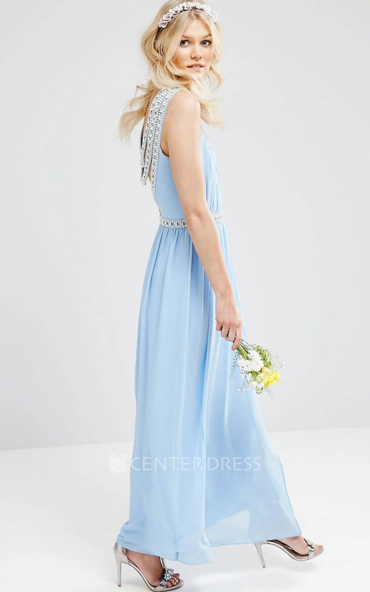 Scoop-Neck Sleeveless Ankle-Length Ruched Chiffon Bridesmaid Dress With Beading And Split Front