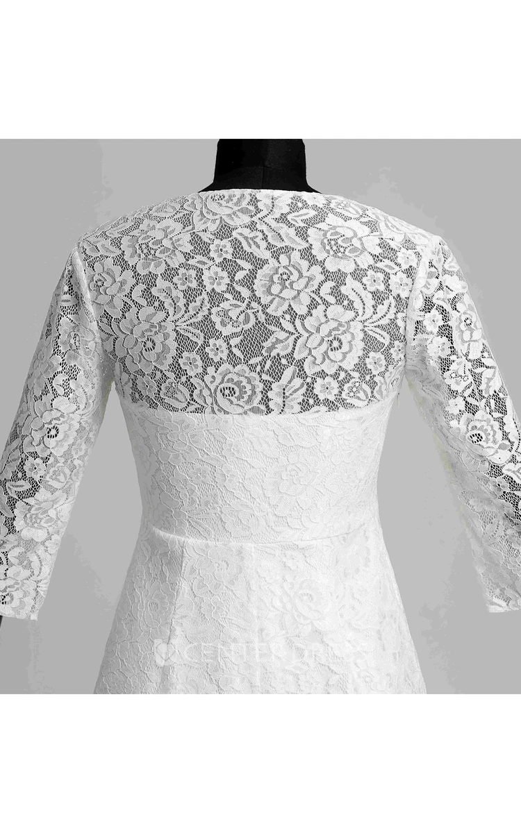 Lace A-line V-neck Illusion 3/4 Length Sleeve Ruched Wedding Dress