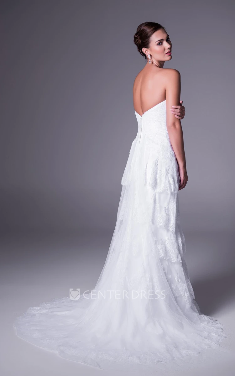 A-Line Tiered Sleeveless Strapless Floor-Length Tulle Wedding Dress With Appliques And Beading