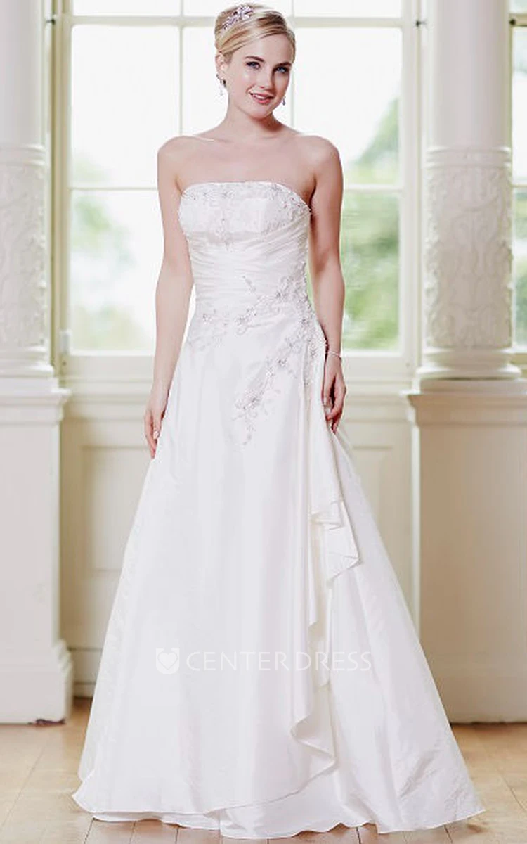 A-Line Floor-Length Draped Strapless Taffeta Wedding Dress With Beading And Corset Back