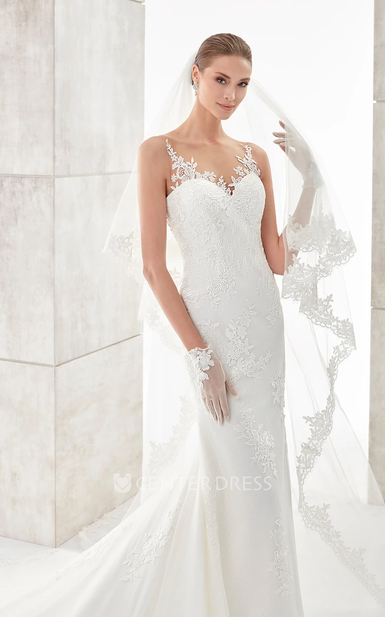 Sweetheart Sheath Lace Appliqued Wedding Dress with Illusive Floral Back and Court Train