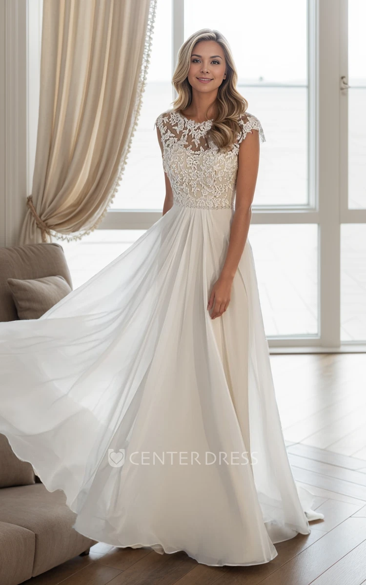 Country Bohemian A-Line Lace Beach Wedding Dress Mature Romantic Cap Sleeve Floor Length Bridal Gown