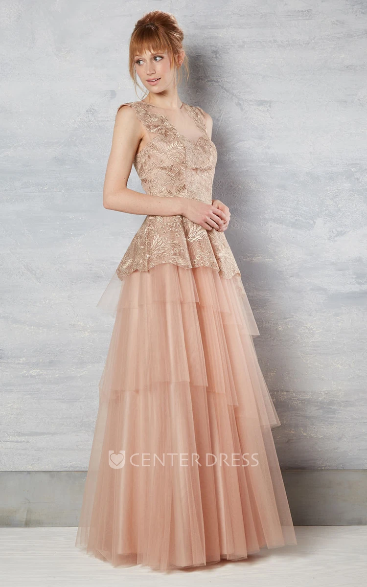 A-Line Floor-Length Appliqued Sleeveless Tulle Wedding Dress With Tiers And Illusion Back