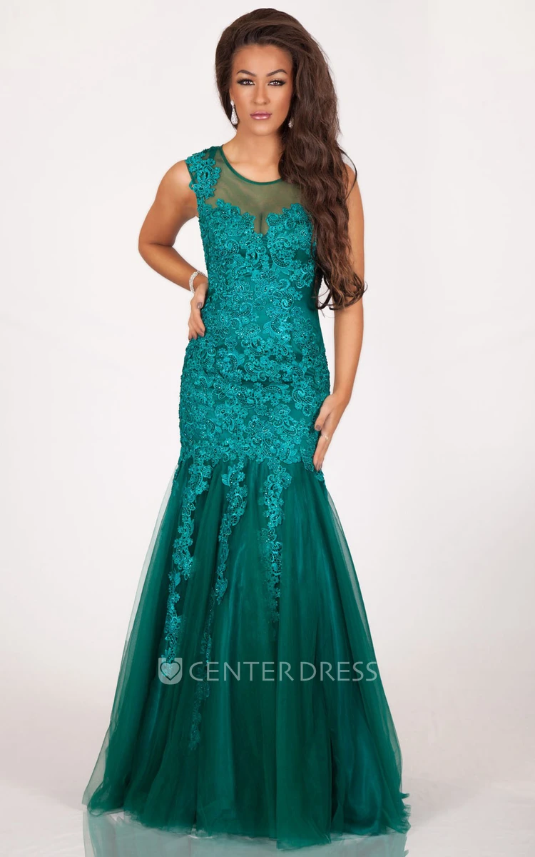 A-Line Floor-Length Appliqued Scoop-Neck Sleeveless Tulle Prom Dress