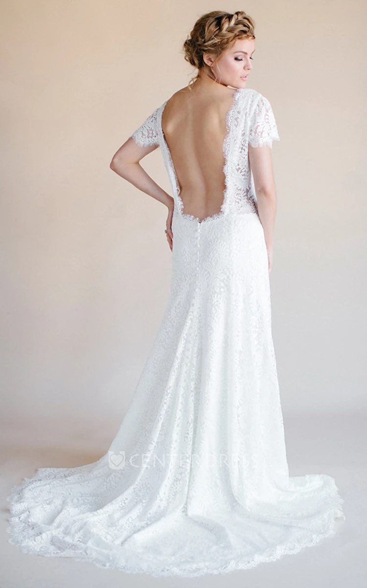 Short-Sleeve V-Neck Lace Wedding Dress With Backless Design