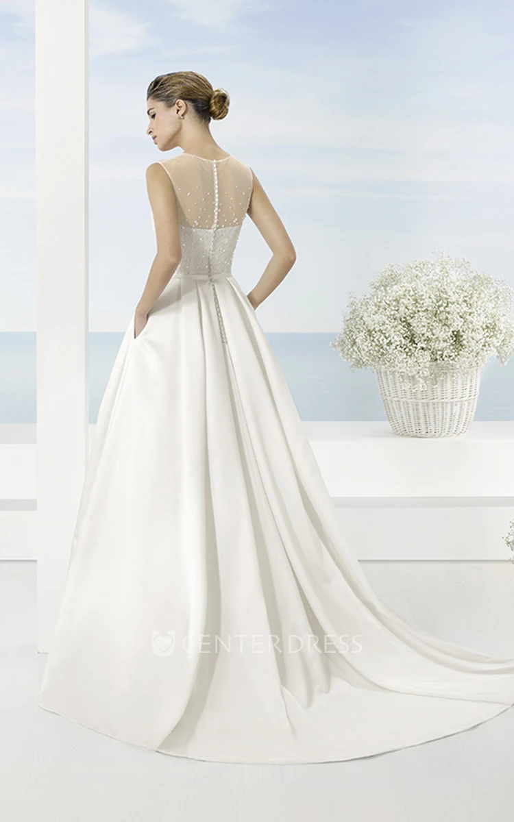 Scoop Floor-Length Beaded Satin Wedding Dress With Brush Train And Illusion
