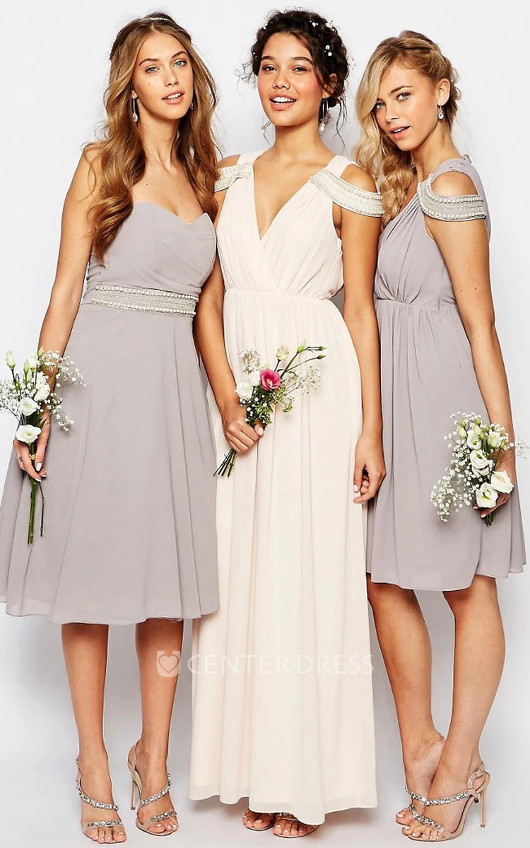 A-Line Sweetheart Jeweled Sleeveless Knee-Length Chiffon Bridesmaid Dress