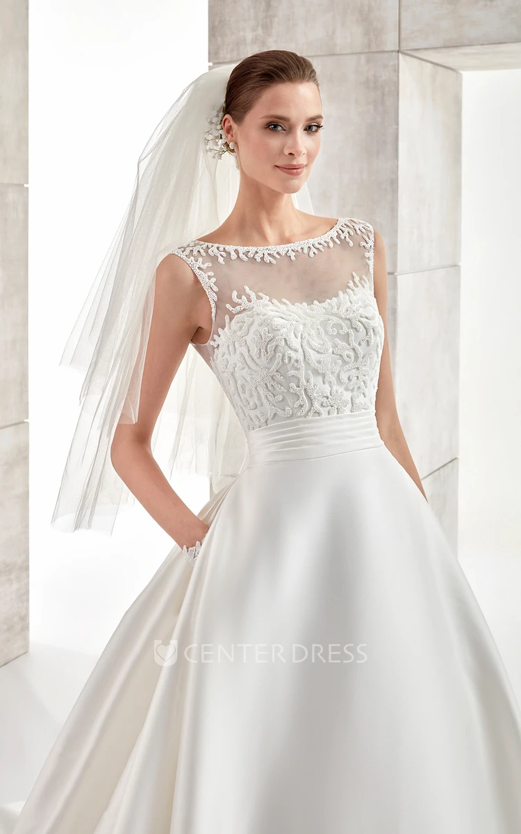 Jewel-Neck Cap-Sleeve A-Line Illusive Wedding Dress With Lace Bodice And Satin Skirt