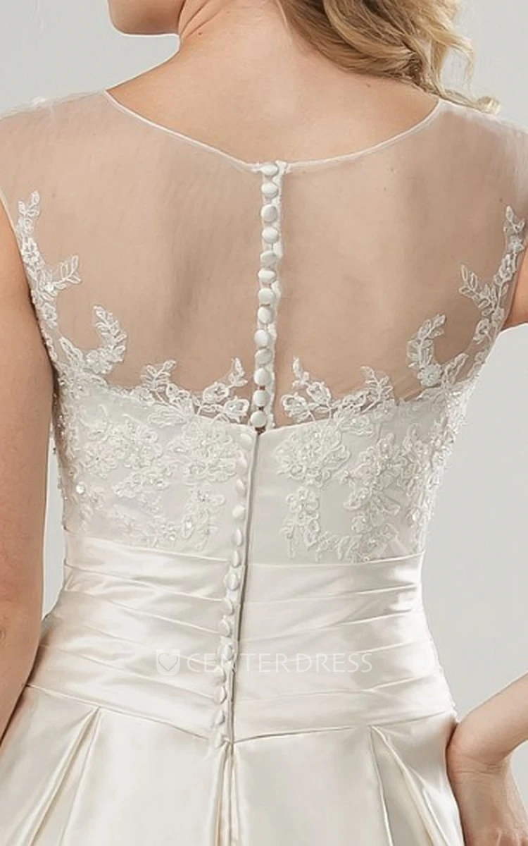 A-Line Sleeveless Scoop-Neck Short Satin Wedding Dress With Illusion