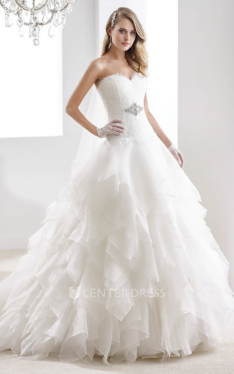 Sweetheart A-Line Ruching Wedding Dress With Cascading Ruffles And Lace Bodice