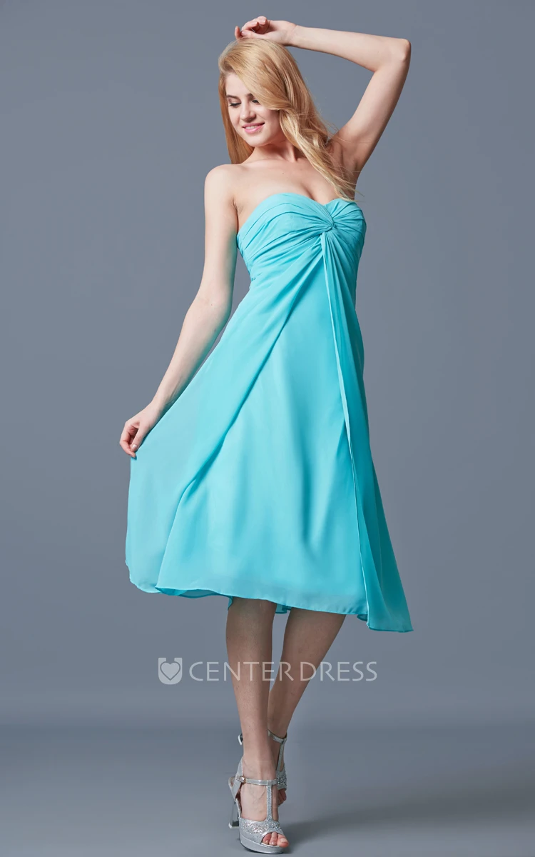 Sleeveless Sweetheart Ruched Tea-length Chiffon Dress