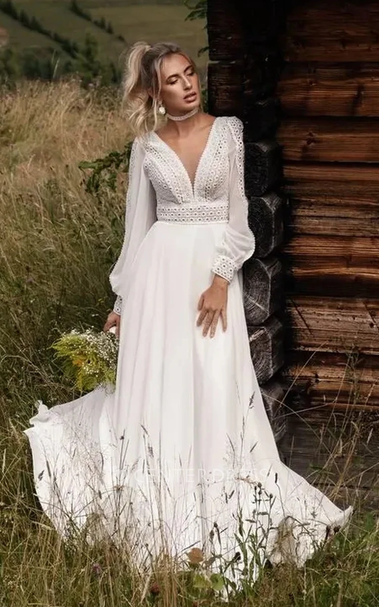 Country Bohemian Lace Chiffon A-Line Plunging Neckline Wedding Dress Romantic Solid Puff Long Sleeve Floor-length Low-V Back Bridal Gown with Train