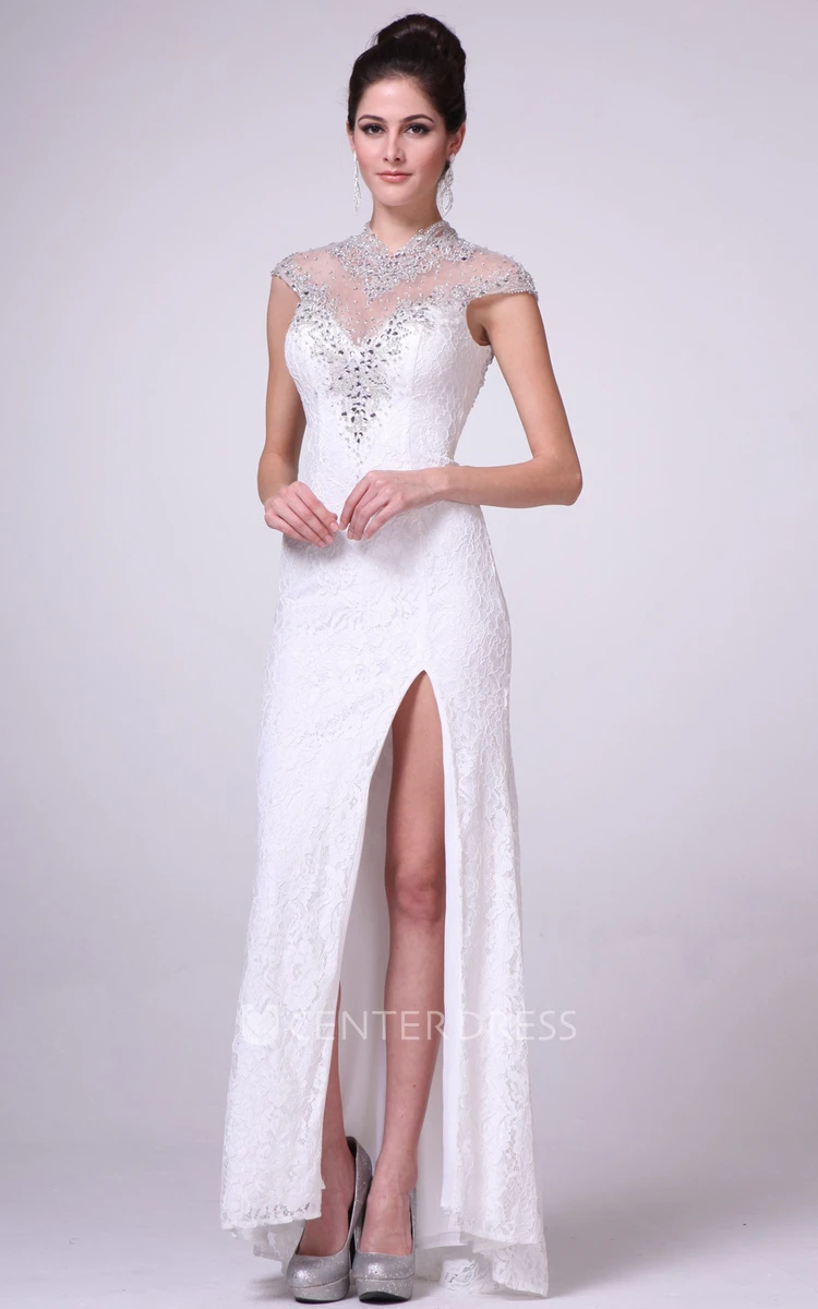 Sheath Maxi High Neck Cap-Sleeve Lace Illusion Dress With Beading And Split Front