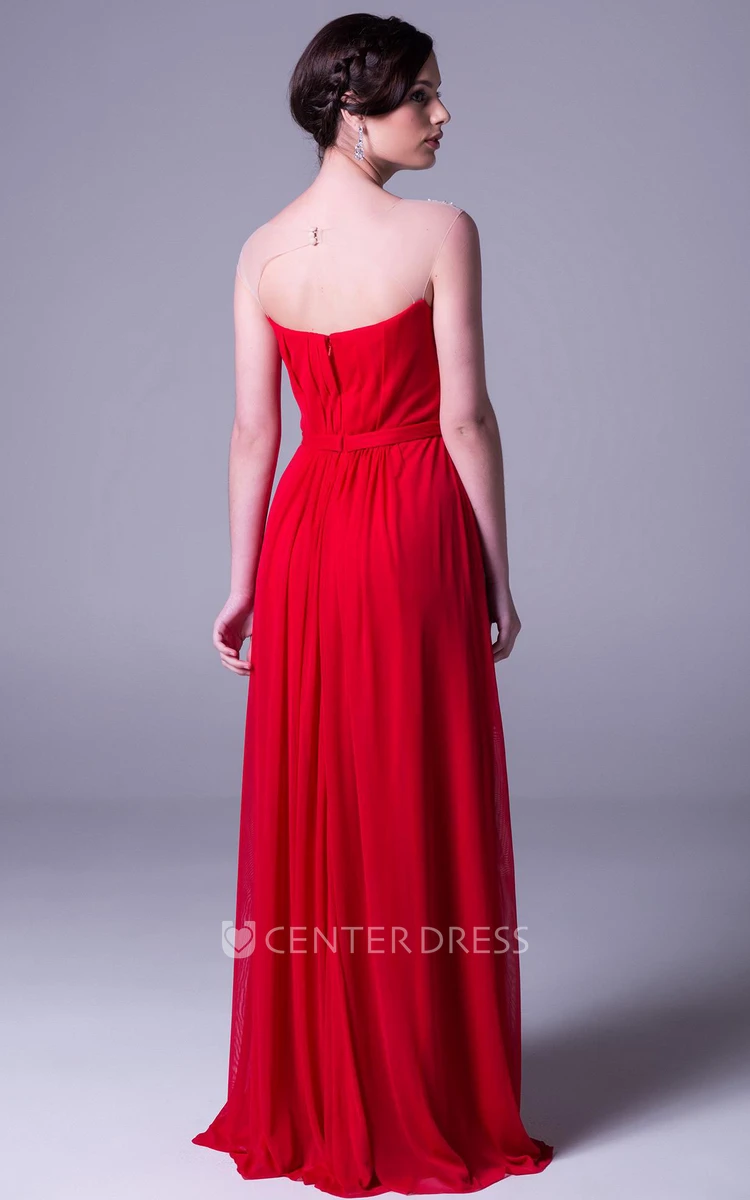 Sheath Bateau-Neck Beaded Cap-Sleeve Floor-Length Chiffon Prom Dress With Pleats