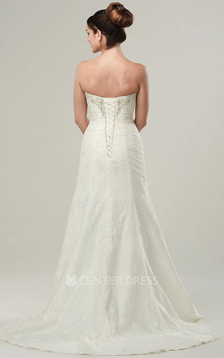 A-Line Floor-Length Beaded Sleeveless Strapless Lace Wedding Dress With Side Draping And Appliques