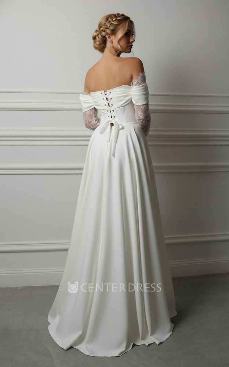 Modern Satin A-Line Wedding Dress Off-the-Shoulder Lace Long Sleeve Corset Gown with High Slit
