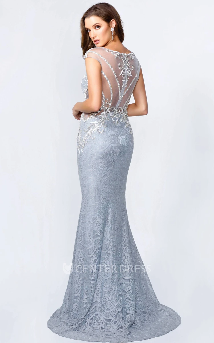 Sheath Maxi Scoop-Neck Cap-Sleeve Lace Illusion Dress With Beading And Appliques