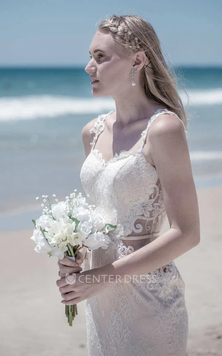 Illusion Sleeve Satin Lace Backless Wedding Dress
