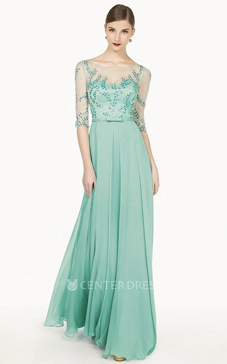 Bateau Tulle Half Sleeve A-Line Chiffon Long Prom Dress With Sequins And Bow