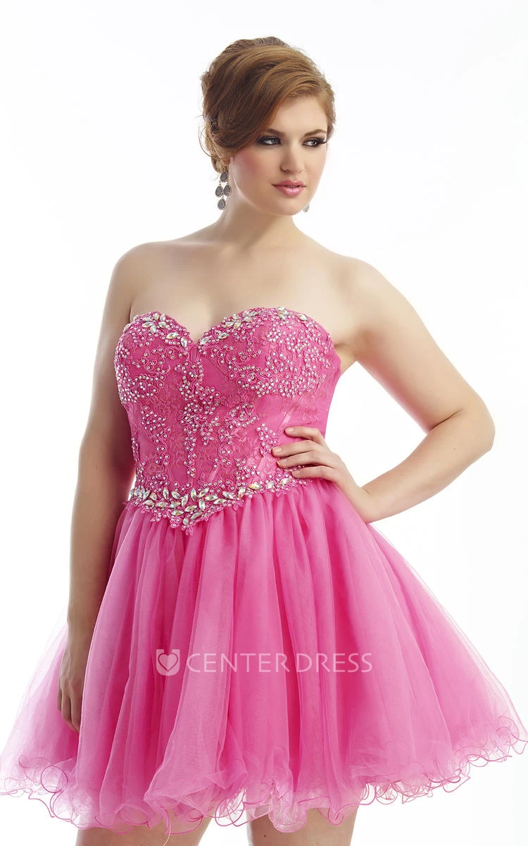 A-line Short Sweetheart Sleeveless Tulle Lace Appliques Beading Lace-up/Corset Back Dress