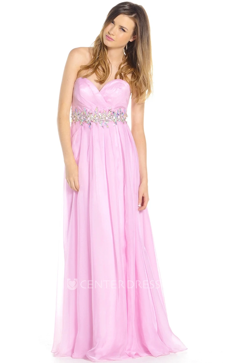 A-Line Sleeveless Sweetheart Floor-Length Ruched Prom Dress With Waist Jewellery