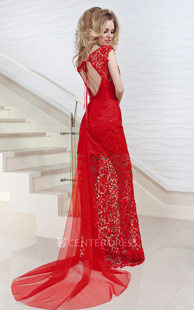 Pencil V-Neck Cap-Sleeve Floor-Length Lace Prom Dress With Keyhole Back And Watteau Train