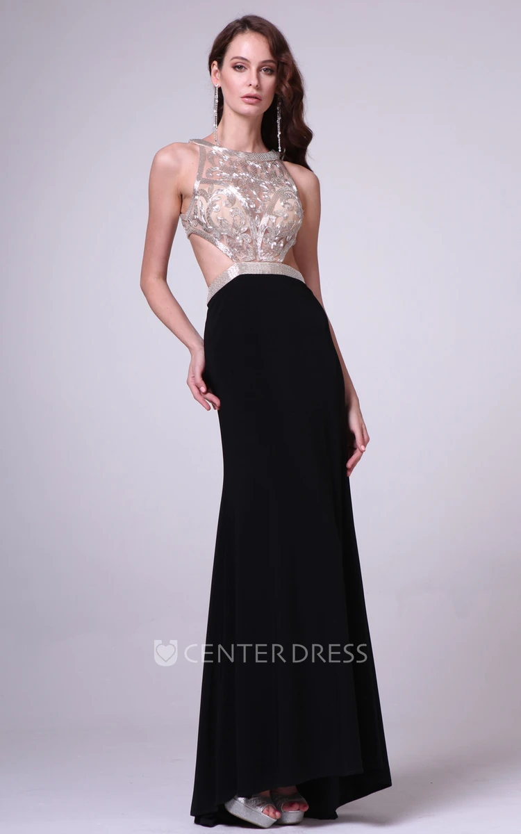 Sheath Scoop-Neck Sleeveless Jersey Dress With Sequins And Pleats