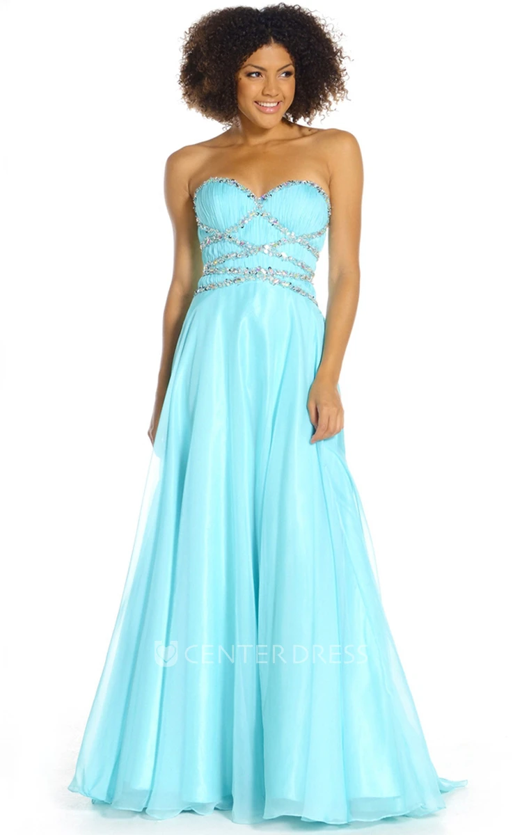 A-Line Beaded Long Sweetheart Sleeveless Tulle&Satin Prom Dress With Ruching