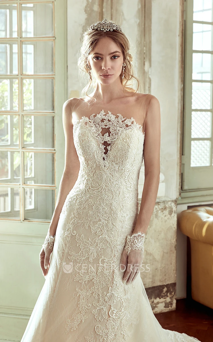 Strapless Lace Wedding Dress with Appliqued Bust and Brush Train 