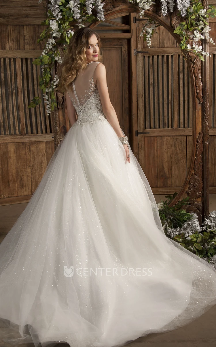 Ball Gown Bateau Neck Sleeveless Appliqued Tulle Wedding Dress