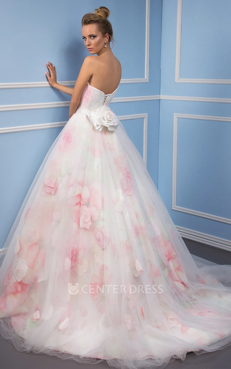 A-Line Sweetheart Tulle Wedding Dress With Flower And Lace Up