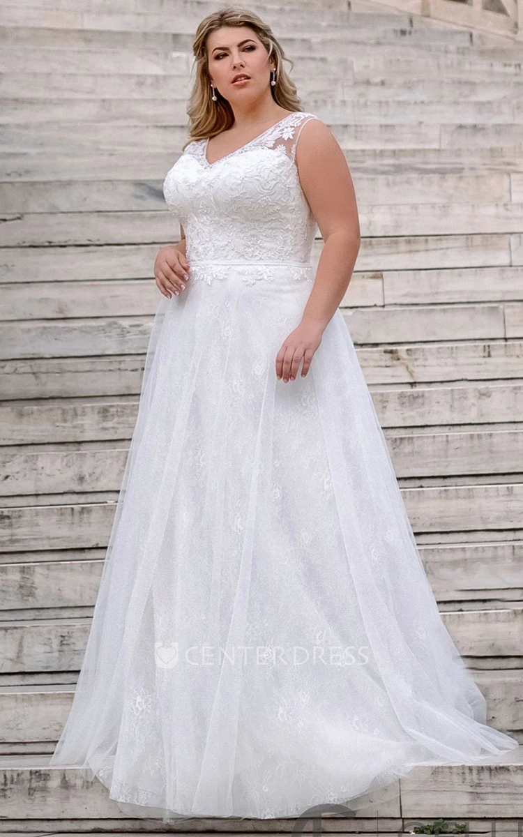 Elegant Sleeveless Floor-length Lace A Line Wedding Dress with Appliques