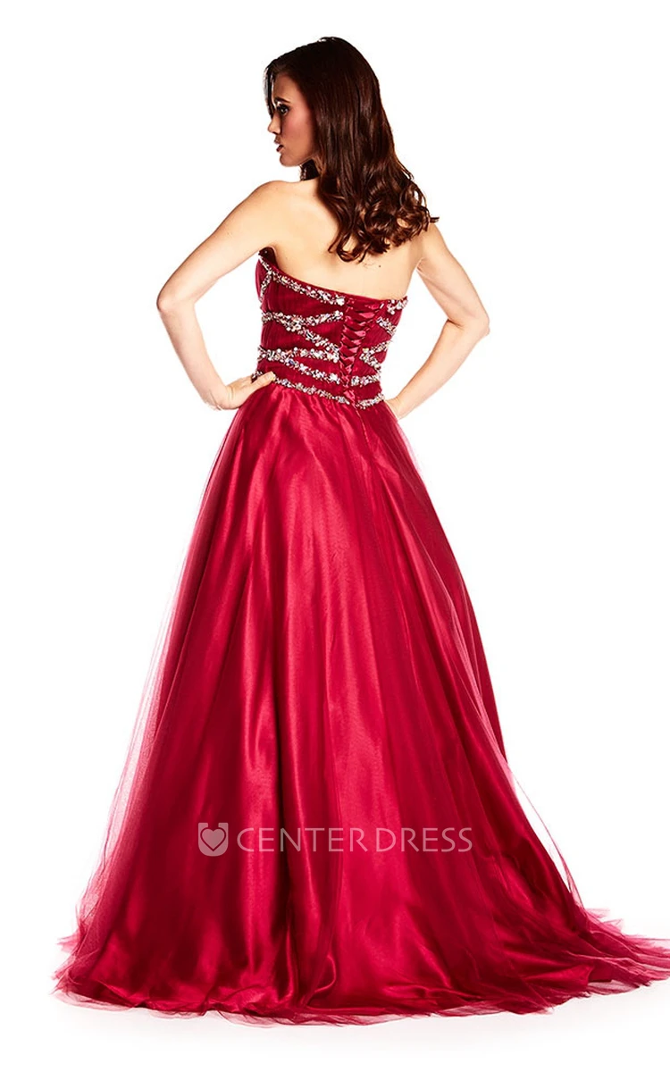 A-Line Sweetheart Long Sleeveless Ruched Satin Prom Dress With Corset Back And Beading