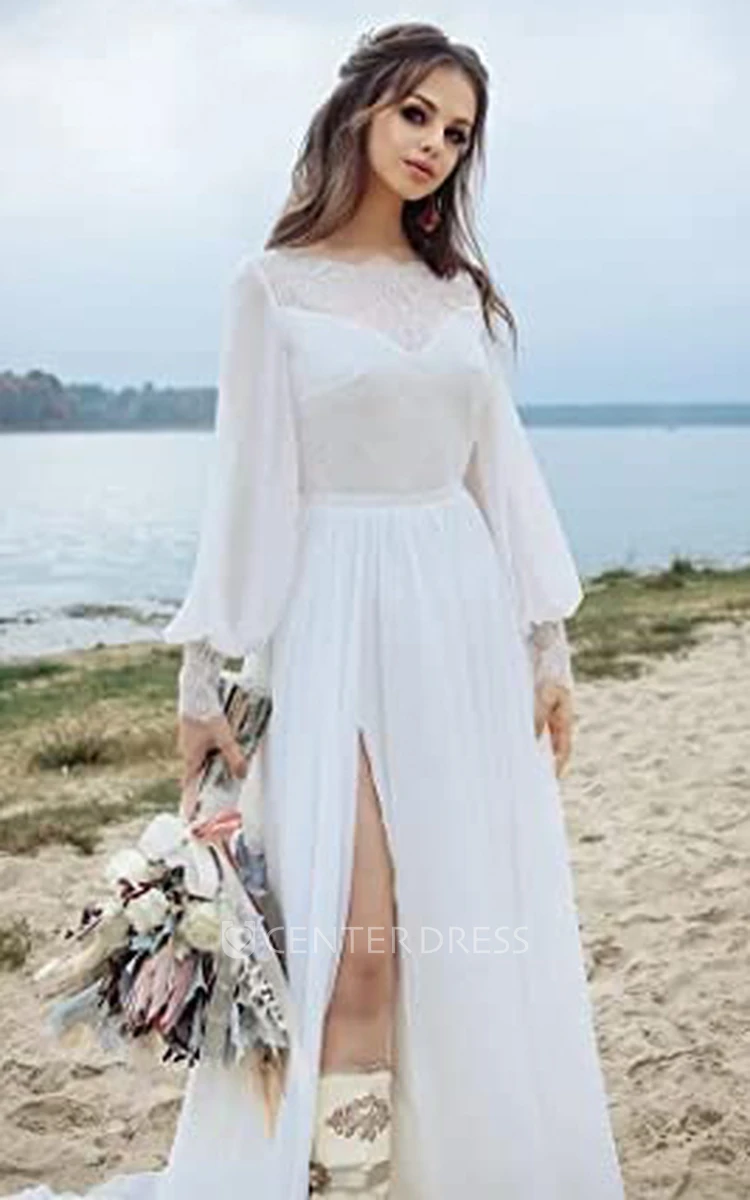 Simple A-Line Chiffon Wedding Dress with Appliques for Country Garden and Keyhole Back