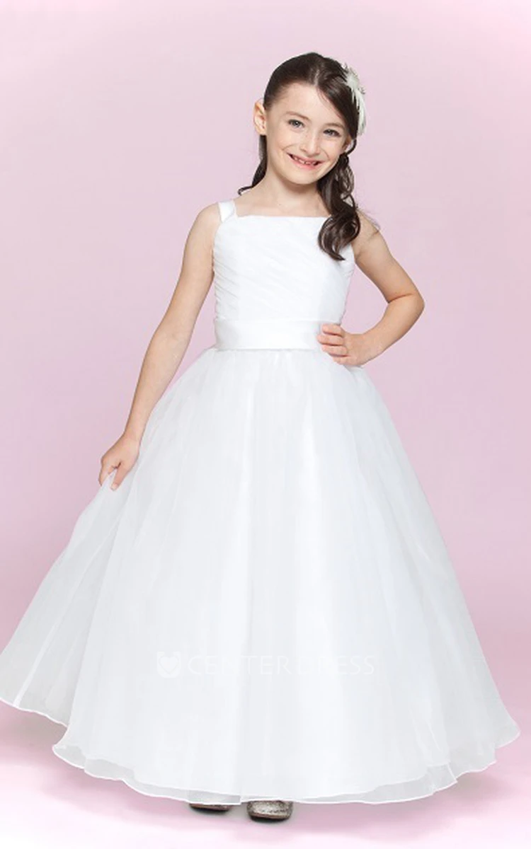 Flower Girl Square Neck Organza Ball Gown With Satin Sash