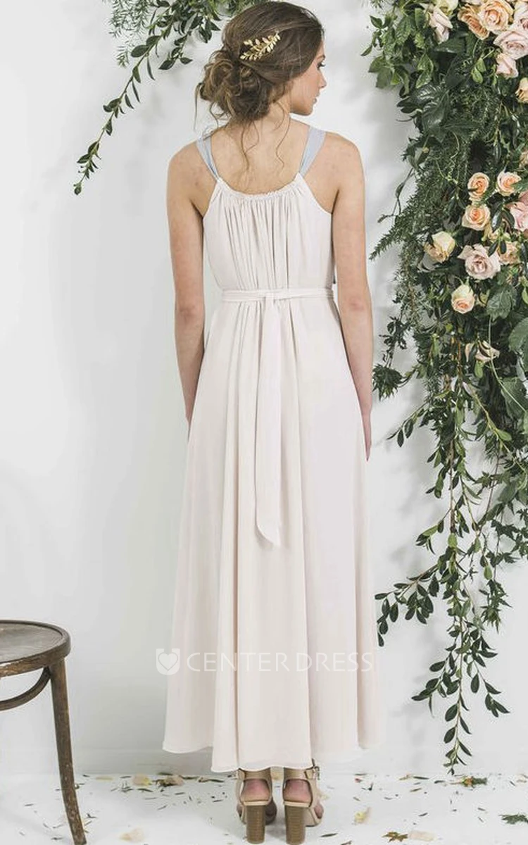 Ankle-Length Sleeveless Strapped Ribboned Chiffon Bridesmaid Dress