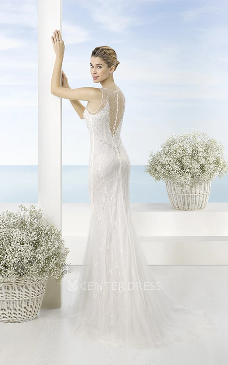 Long Scoop Beaded Tulle Wedding Dress With Sweep Train And Illusion