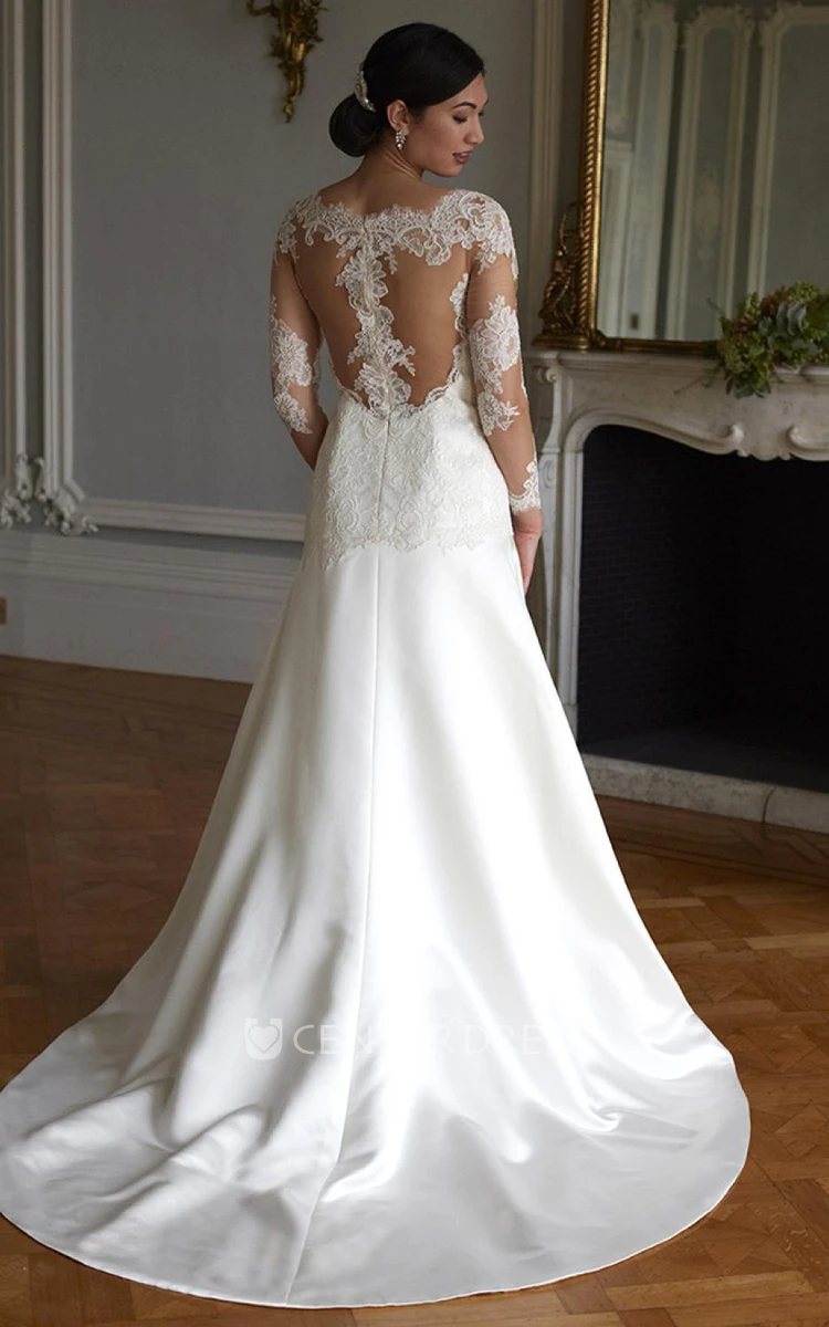 A-Line Jewel-Neck Floor-Length Long-Sleeve Satin Wedding Dress With Appliques And Illusion