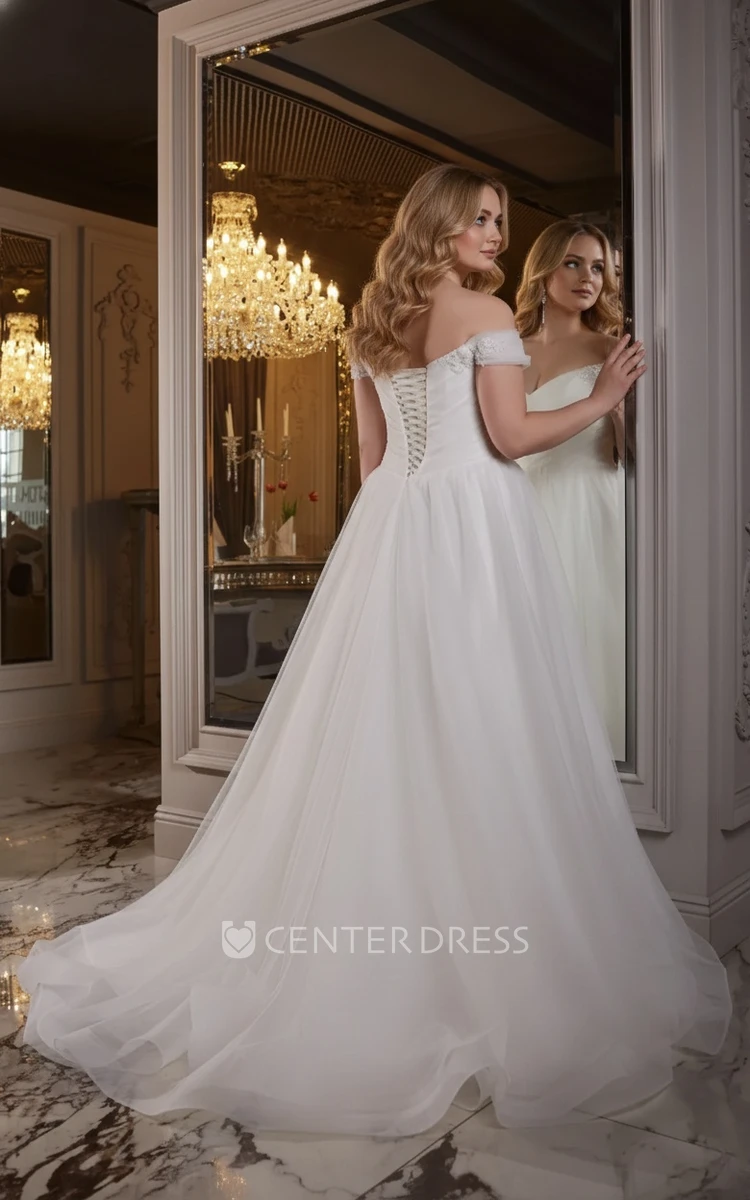 Simple Ethereal Plus Size A-Line Mature Wedding Dress Modern Flowy Off-the-Shoulder Ruffle Beading Ruching Bridal Gown