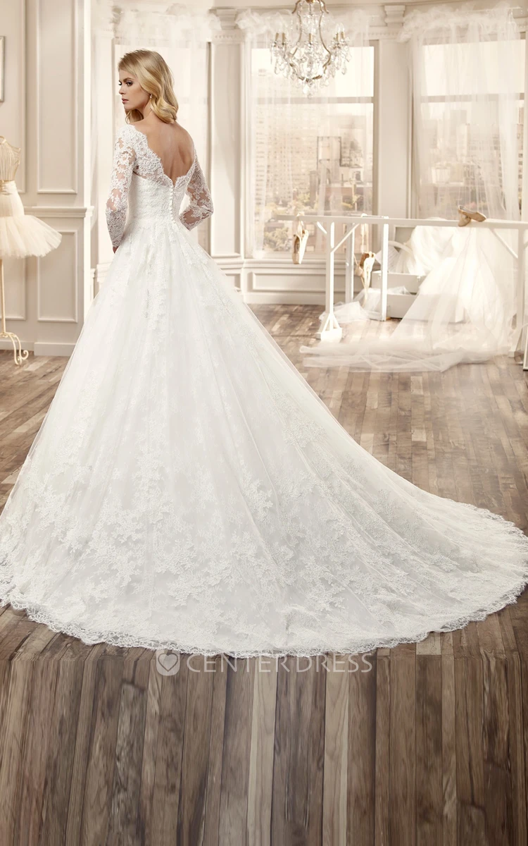 V-Neck Lace Wedding Dress With Long Sleeve And Pleated Skirt