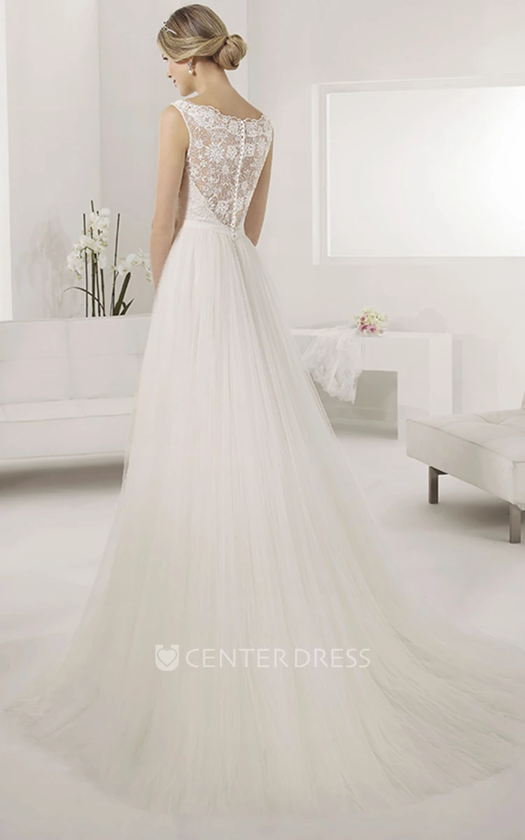 Bateau Sleeveless A-line Pleated Tulle Gown With Lace Top And Waist Flower