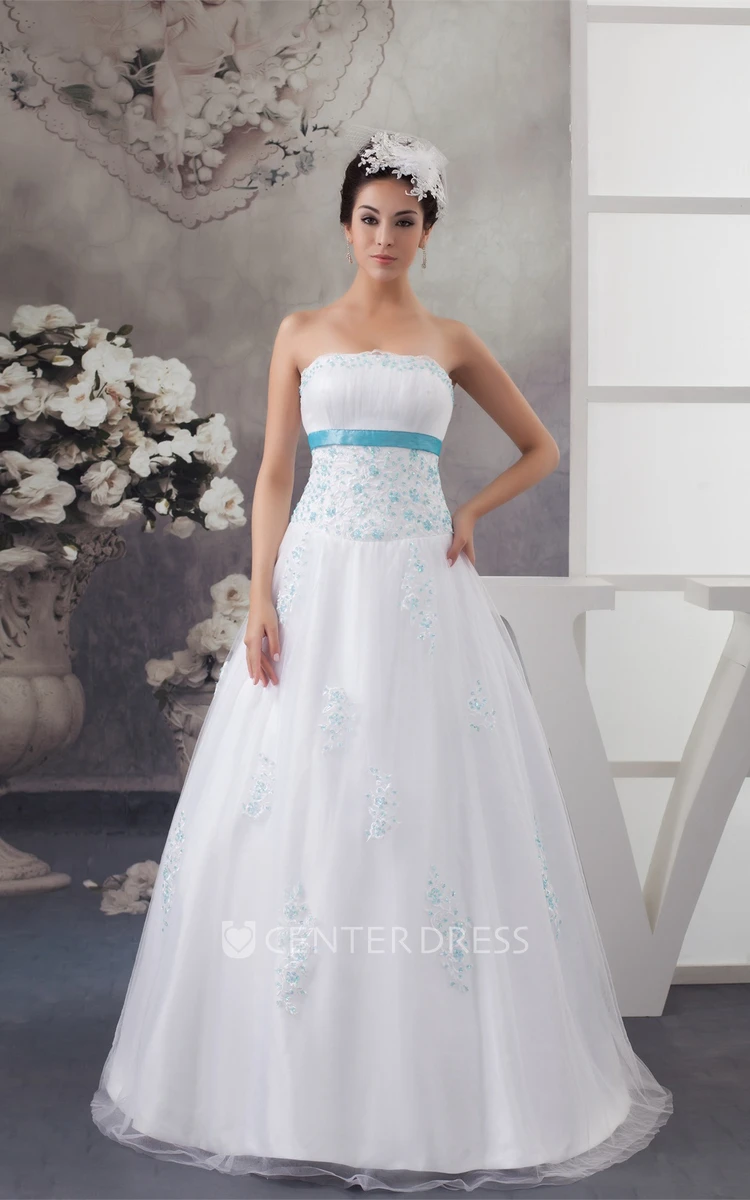 A-Line Strapless Tulle Lace Wedding Dress with Appliques and Lace Bolero