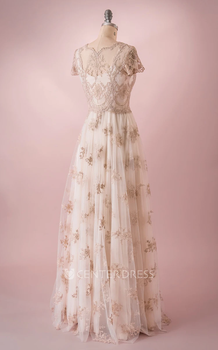 Modest Scalloped Edge Neck Embriodery Bodice Dress With Floral Skirt