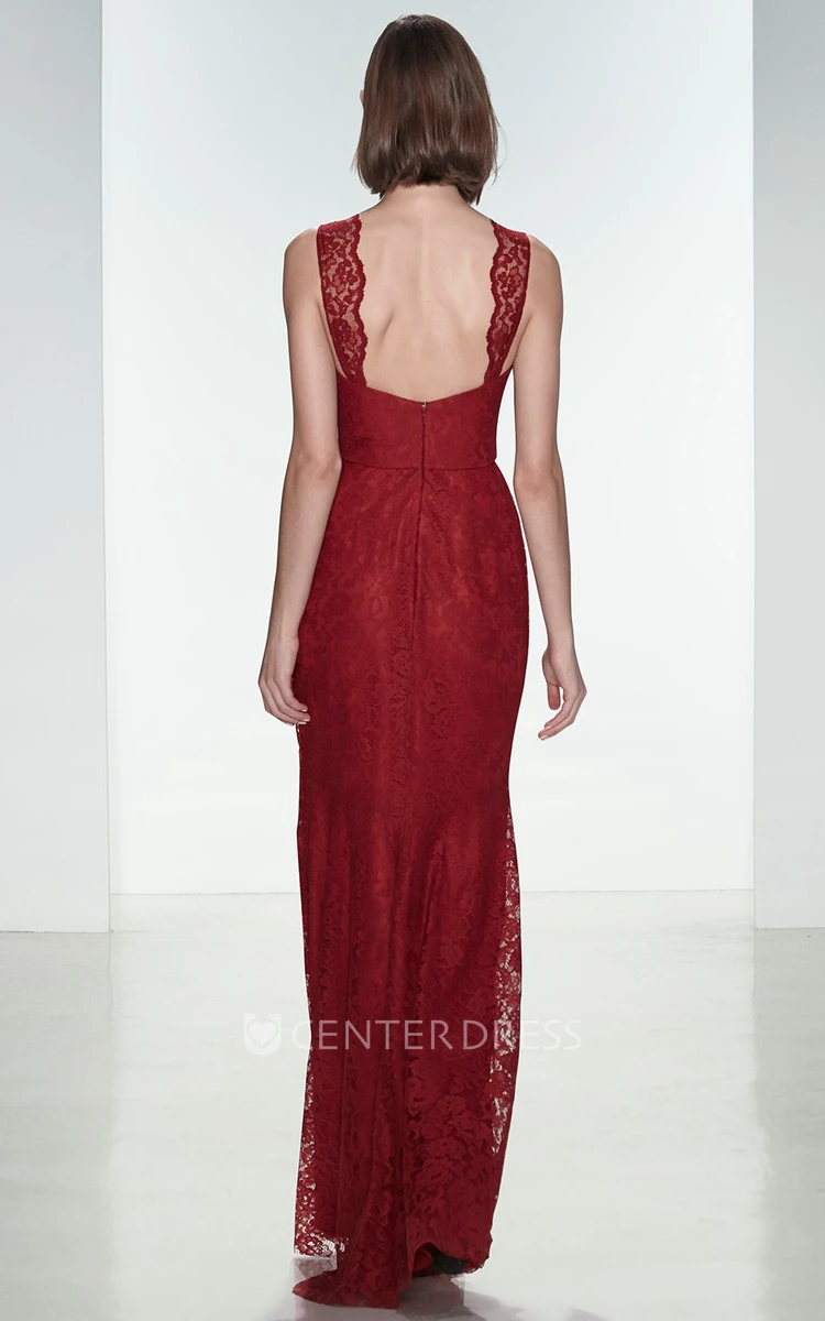 Floor-Length Sheath Sleeveless Appliqued Strapped Lace Bridesmaid Dress