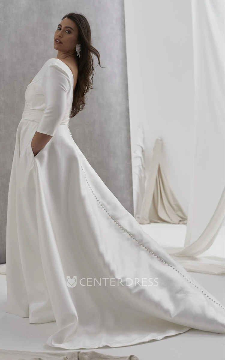 Modern Plus Size Satin V-neck A Line Wedding Dress with Pockets