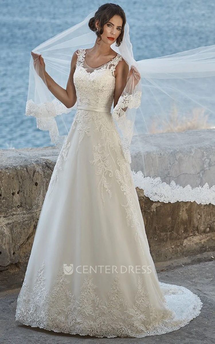 A-Line Sleeveless Floor-Length Scoop-Neck Appliqued Lace Wedding Dress