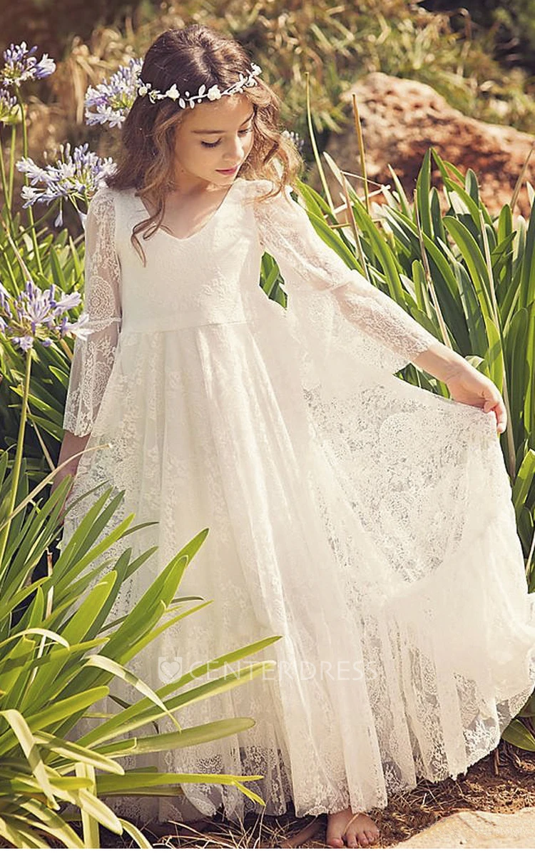 Simple Boho Flower Girl Dress With Lace And Bell Sleeves