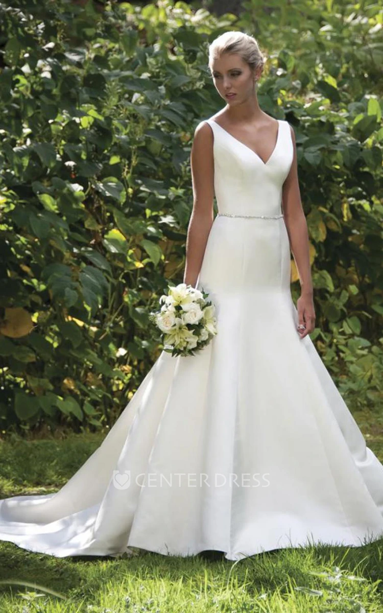 A-Line V-Neck Sleeveless Satin Wedding Dress With Waist Jewellery And Deep-V Back