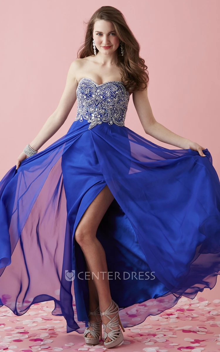A-Line Long Sweetheart Sleeveless Jersey Backless Dress With Split Front And Beading